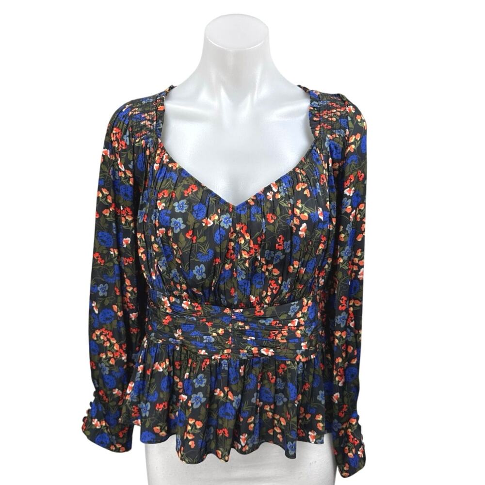 Hunter Bell Multicolor Black Floral V-neck Long Puff Sleeve Peplum Blouse Top 8